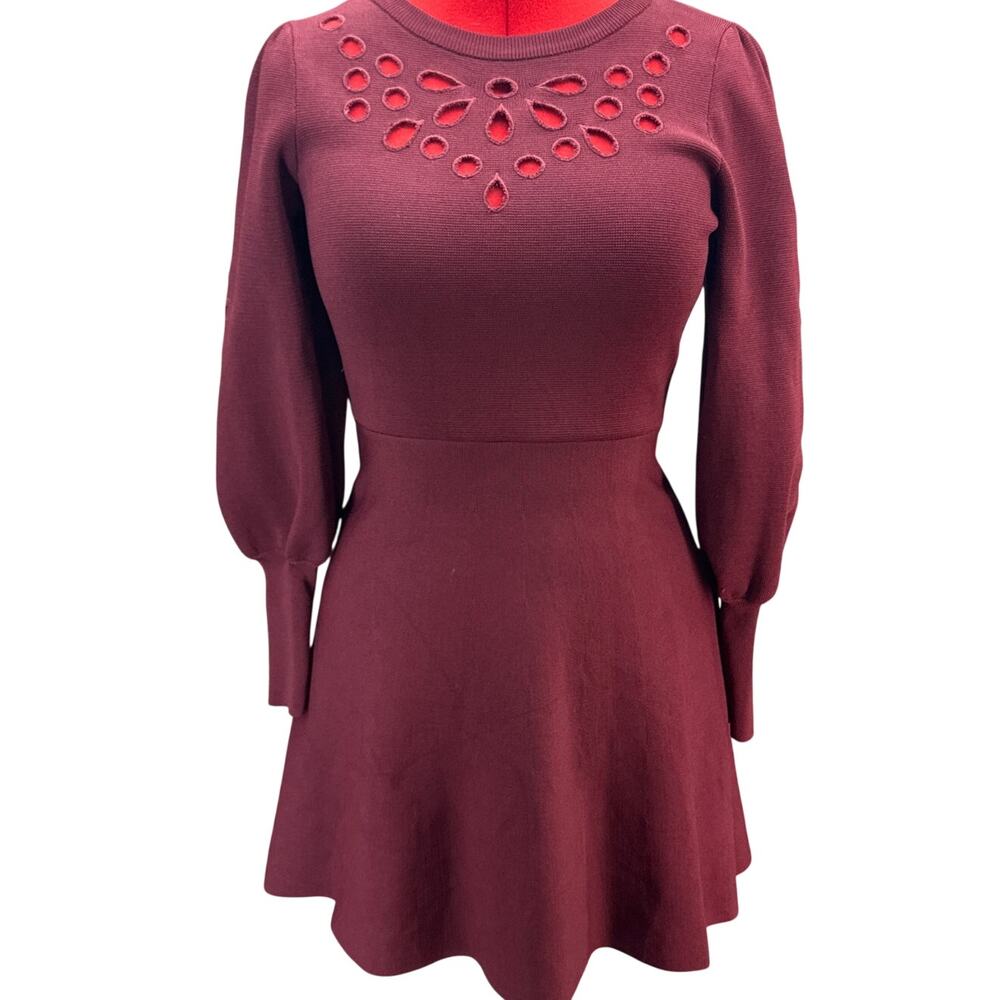 Express Burgundy Eyelet Neckline Long Puffy Sleeve Ribbed Sweater Dress Women M